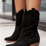 Botas vaqueras para mujer – Piel lisa – Tacón medio – Media caña – Diseño perforado – Cremallera lateral