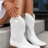 Botas vaqueras para mujer – Piel lisa – Tacón medio – Media caña – Diseño perforado – Cremallera lateral