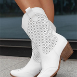 Botas vaqueras para mujer – Piel lisa – Tacón medio – Media caña – Diseño perforado – Cremallera lateral