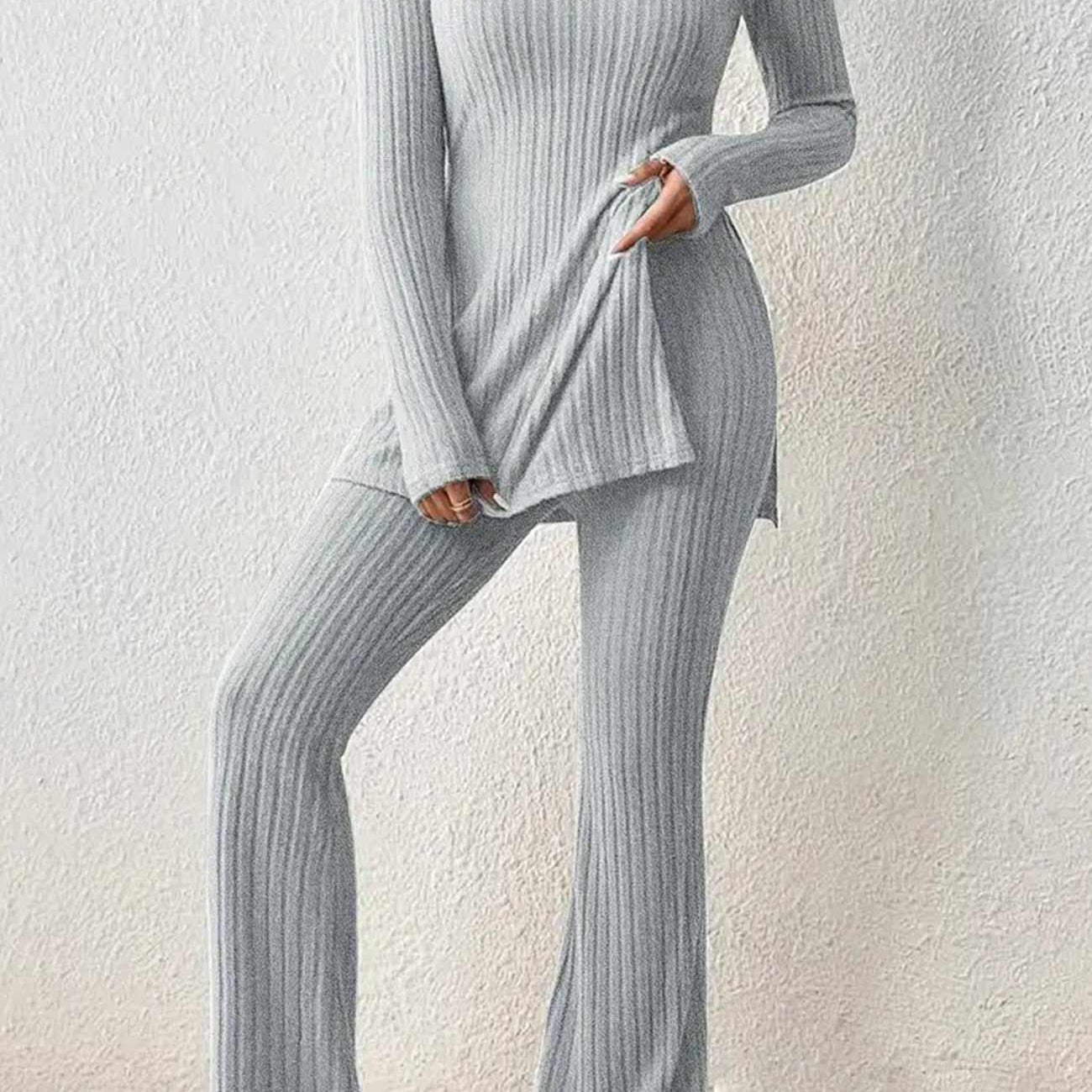 Conjunto de ropa de estar por casa para mujer - Punto acanalado - Mangas largas - Pantalones anchos