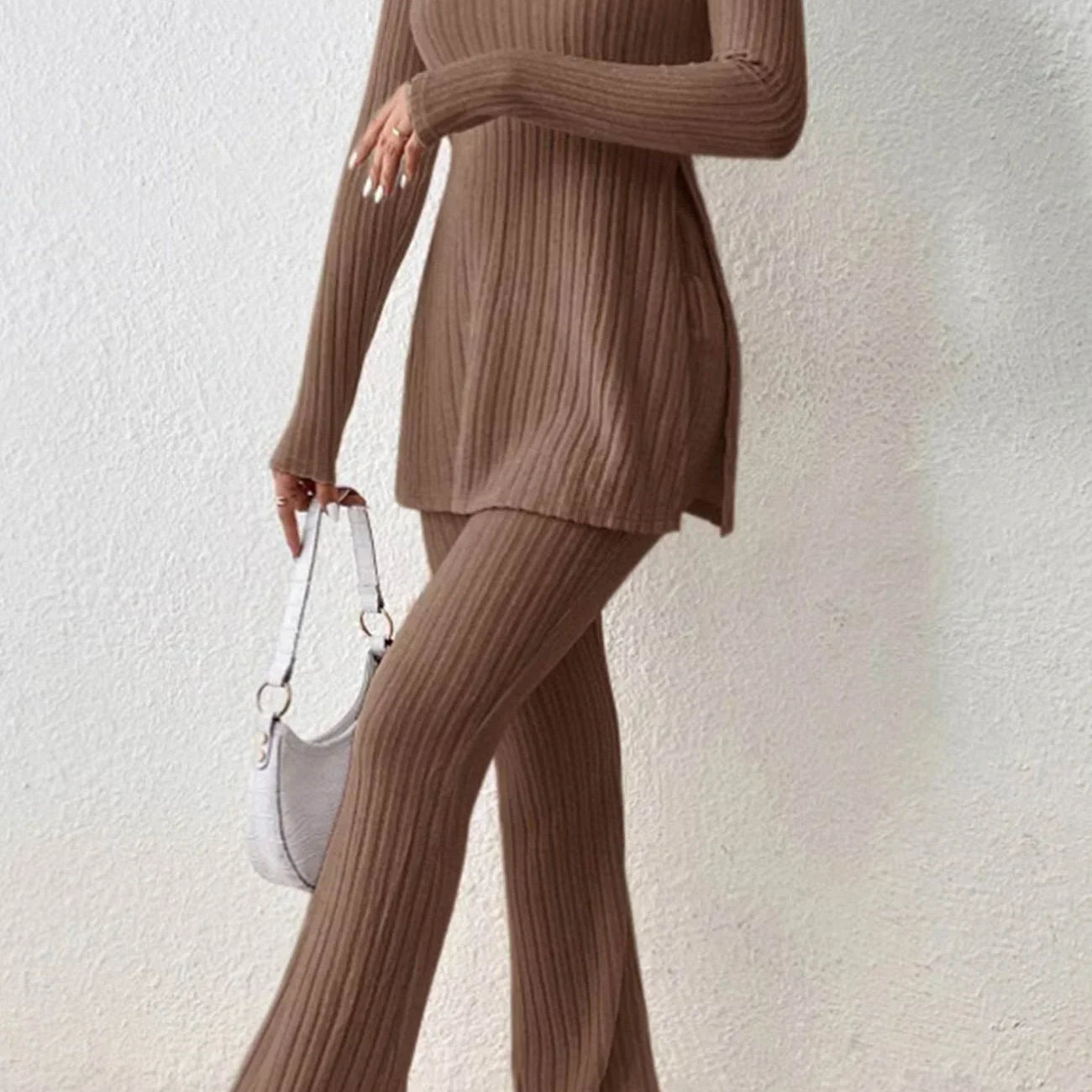 Conjunto de ropa de estar por casa para mujer - Punto acanalado - Mangas largas - Pantalones anchos