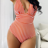 Traje de baño de una pieza para mujer – Escote pronunciado – Tejido elástico – Rayas elegantes