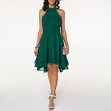 Vestido de mujer - Corte acampanado - Espalda abierta - Bajo asimétrico - Elegante y fluido