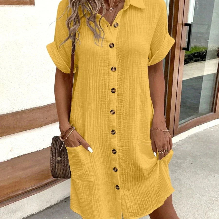 Vestido corto para mujer – Fibras naturales – Corte holgado – Mangas 3/4 – Abotonado
