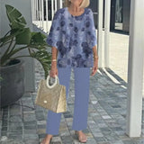 Conjunto de dos piezas para mujer: tejido transpirable, top holgado y pantalón estampado fluido.
