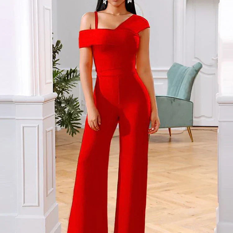 Conjunto de dos piezas para mujer: top corto con hombros descubiertos y pantalón acampanado de cintura alta