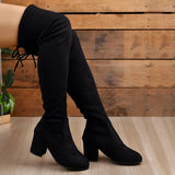 Botas altas de mujer – Efecto ante – Tacón bloque – Punta puntiaguda – Cierre con cordones
