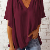 Top de cuello en V para mujer – Corte holgado – Tejido transpirable – Mangas cortas – Estilo fluido