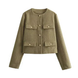 Chaqueta bomber de mujer – Lana – Corte cropped estructurado – Mangas largas – Cuello redondo