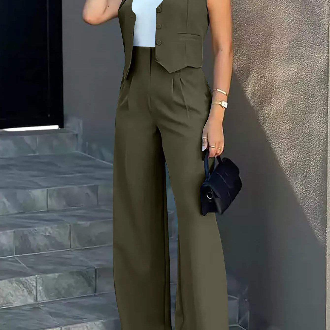 Elegante conjunto de 2 piezas: top sin mangas y pantalón de cintura alta.