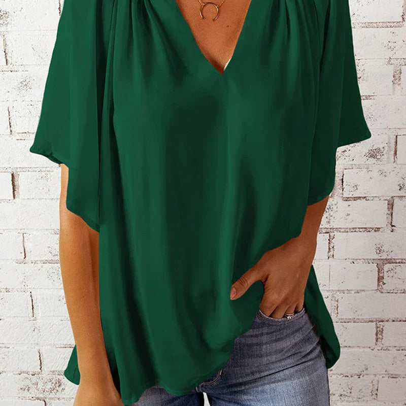 Top de cuello en V para mujer – Corte holgado – Tejido transpirable – Mangas cortas – Estilo fluido