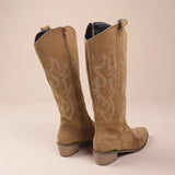 Botas vaqueras para mujer – Estilo western bordado – Ante – Media caña – Tacón bajo