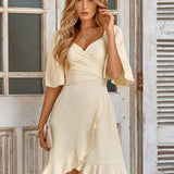 Vestido cruzado para mujer – Corte acampanado – Mangas al codo – Escote cruzado – Bajo con volantes