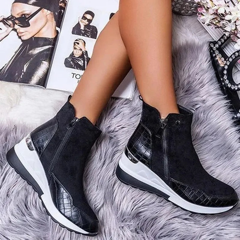 Botines de mujer – Tacón de cuña estable – Cierre de cremallera – Tejido suave y ortopédico cómodo