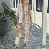 Conjunto de dos piezas para mujer: tejido transpirable, top holgado y pantalón estampado fluido.