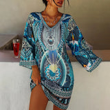 Vestido túnica para mujer – Cuello en V – Mangas anchas – Tejido ligero – Estampado bohemio