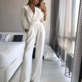 Mono de mujer - Corte entallado - Mangas largas - Cuello en V - Piernas anchas elegantes