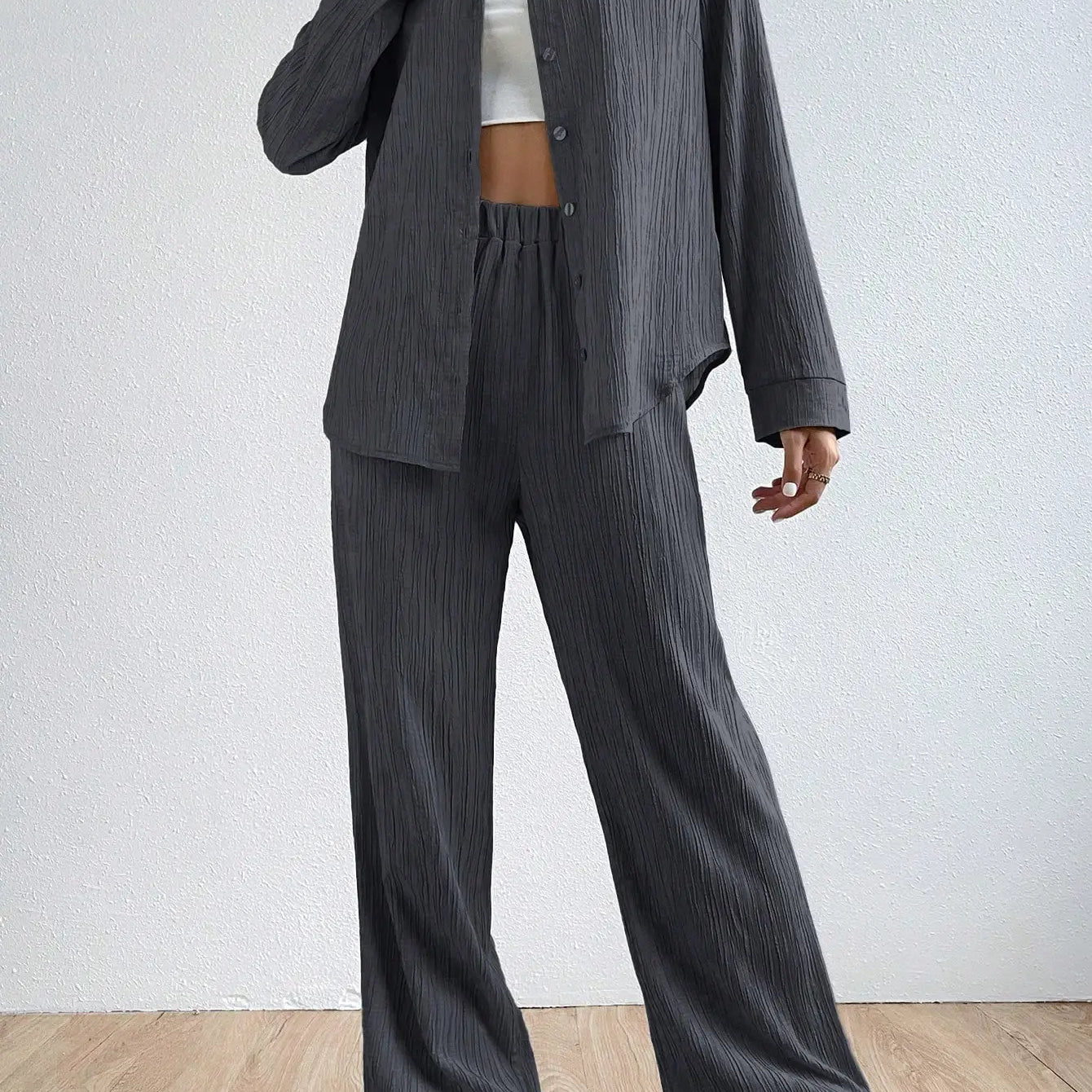 Traje de pantalón para mujer – Tejido transpirable – Corte holgado – Camisa de manga larga – Pantalón recto con cintura elástica
