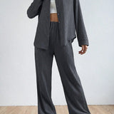 Traje de pantalón para mujer – Tejido transpirable – Corte holgado – Camisa de manga larga – Pantalón recto con cintura elástica