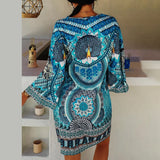 Vestido túnica para mujer – Cuello en V – Mangas anchas – Tejido ligero – Estampado bohemio