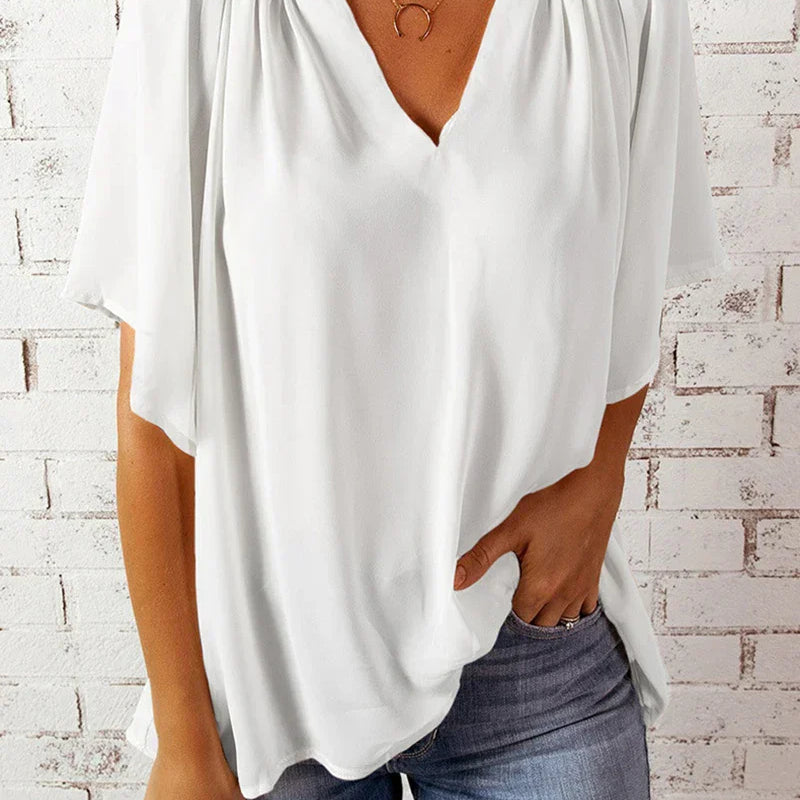 Top de cuello en V para mujer – Corte holgado – Tejido transpirable – Mangas cortas – Estilo fluido