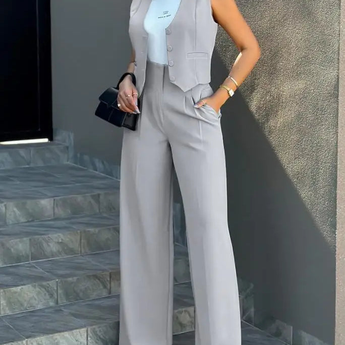 Elegante conjunto de 2 piezas: top sin mangas y pantalón de cintura alta.