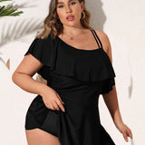 Traje de baño de una pieza para mujer - Hombros asimétricos - Volante elegante - Corte fluido