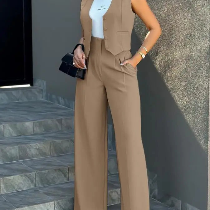 Elegante conjunto de 2 piezas: top sin mangas y pantalón de cintura alta.