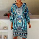 Vestido túnica para mujer – Cuello en V – Mangas anchas – Tejido ligero – Estampado bohemio