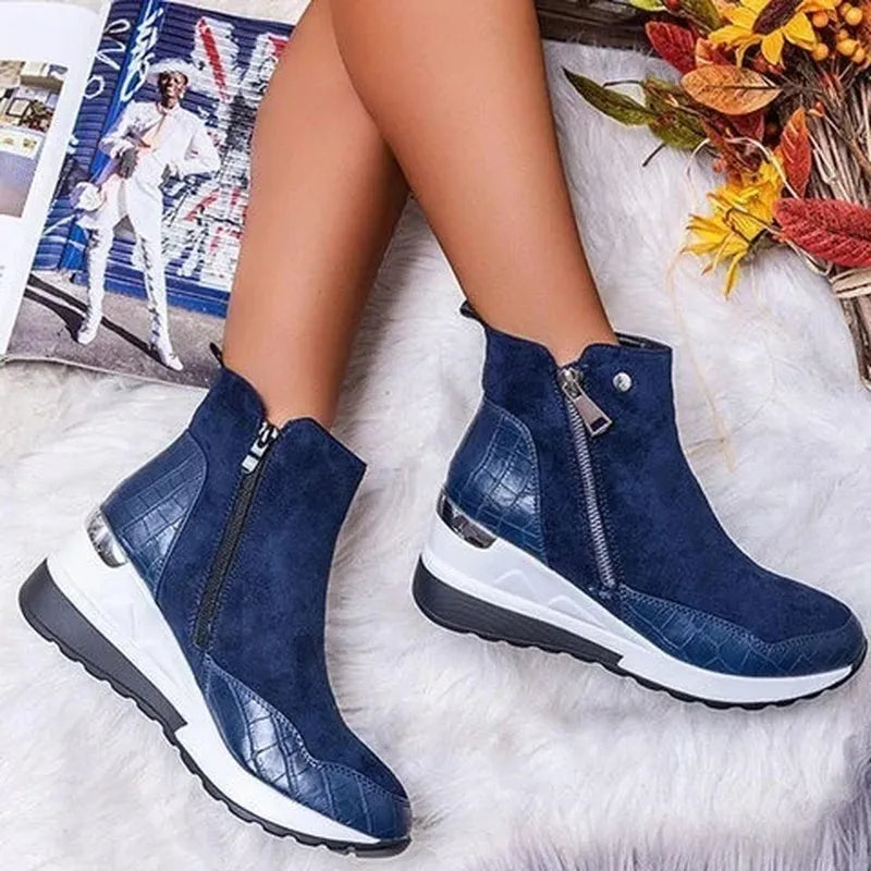 Botines de mujer – Tacón de cuña estable – Cierre de cremallera – Tejido suave y ortopédico cómodo