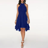 Vestido de mujer - Corte acampanado - Espalda abierta - Bajo asimétrico - Elegante y fluido