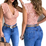 Body de encaje para mujer - Escote en V profundo - Mangas cortas - Entallado y elegante