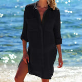 Vestido de playa para mujer – Corte relajado – Tejido transpirable – Mangas largas con vuelta