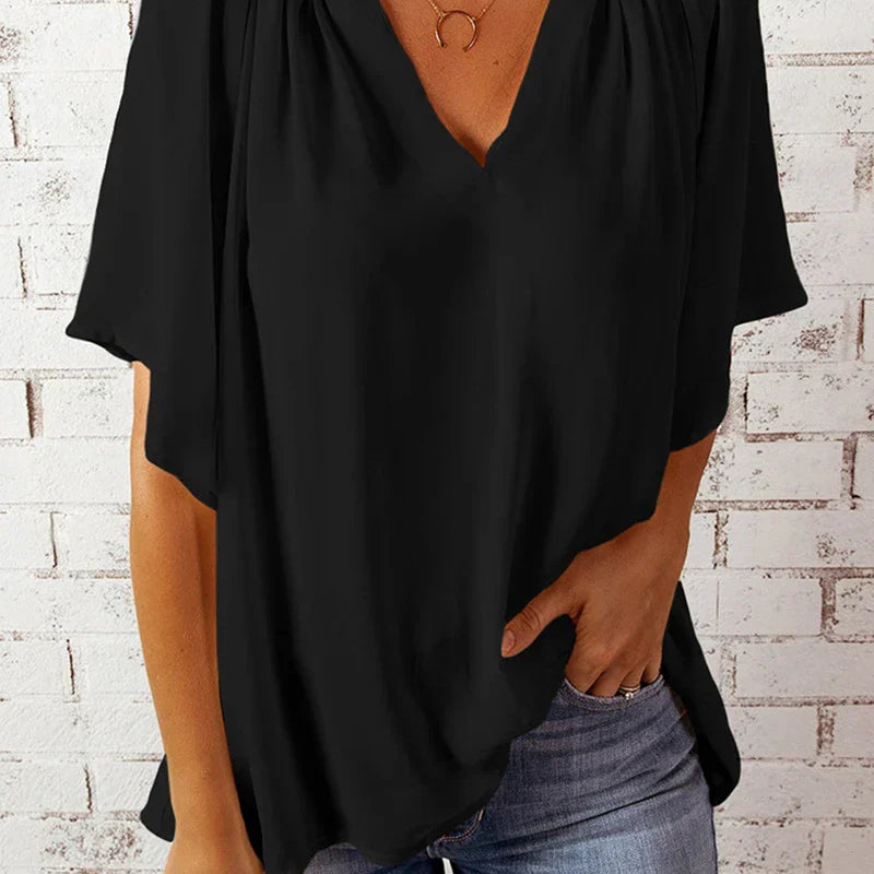 Top de cuello en V para mujer – Corte holgado – Tejido transpirable – Mangas cortas – Estilo fluido