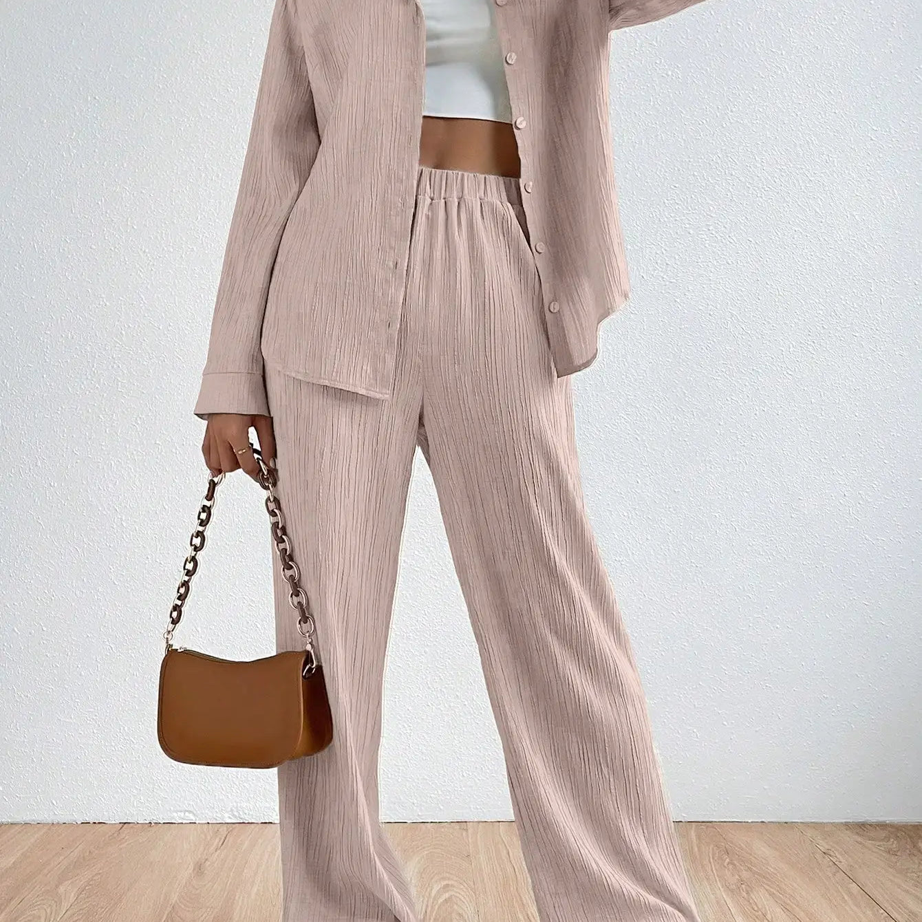 Traje de pantalón para mujer – Tejido transpirable – Corte holgado – Camisa de manga larga – Pantalón recto con cintura elástica