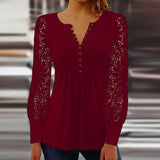 Blusa de mujer – Corte relajado – Mangas largas de encaje – Cuello en V festoneado