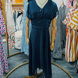 Vestido de mujer - Escote en V - Mangas cortas transparentes - Cintura fruncida - Falda asimétrica