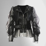 Chaqueta de cuero para mujer – Corte entallado – Mangas abullonadas de voile – Cintura con cinturón
