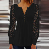 Blusa de mujer – Corte relajado – Mangas largas de encaje – Cuello en V festoneado