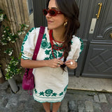 Vestido corto para mujer - Bordado floral - Mangas abullonadas - Corte casual ajustado