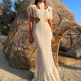 Vestido de noche para mujer – Elegante encaje – Mangas abullonadas – Aberturas en la cintura – Corte entallado