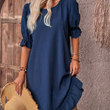 Vestido de mujer - Corte holgado - Mangas abullonadas 3/4 - Escote redondo - Bajo con volantes