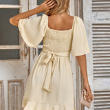 Vestido cruzado para mujer – Corte acampanado – Mangas al codo – Escote cruzado – Bajo con volantes