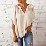 Top de cuello en V para mujer – Corte holgado – Tejido transpirable – Mangas cortas – Estilo fluido