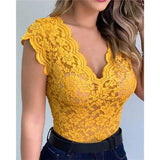 Body de encaje para mujer - Escote en V profundo - Mangas cortas - Entallado y elegante