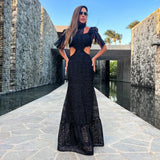 Vestido de noche para mujer – Elegante encaje – Mangas abullonadas – Aberturas en la cintura – Corte entallado