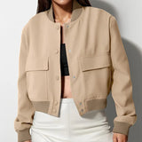Chaqueta bomber para mujer – Corte holgado – Largo corto – Cierre con cremallera y botón – Bajo acanalado
