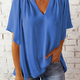 Top de cuello en V para mujer – Corte holgado – Tejido transpirable – Mangas cortas – Estilo fluido