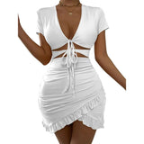 Vestido mini para mujer - Corte ajustado - Escote pronunciado - Mangas cortas - Detalle fruncido
