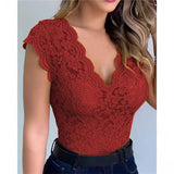 Body de encaje para mujer - Escote en V profundo - Mangas cortas - Entallado y elegante